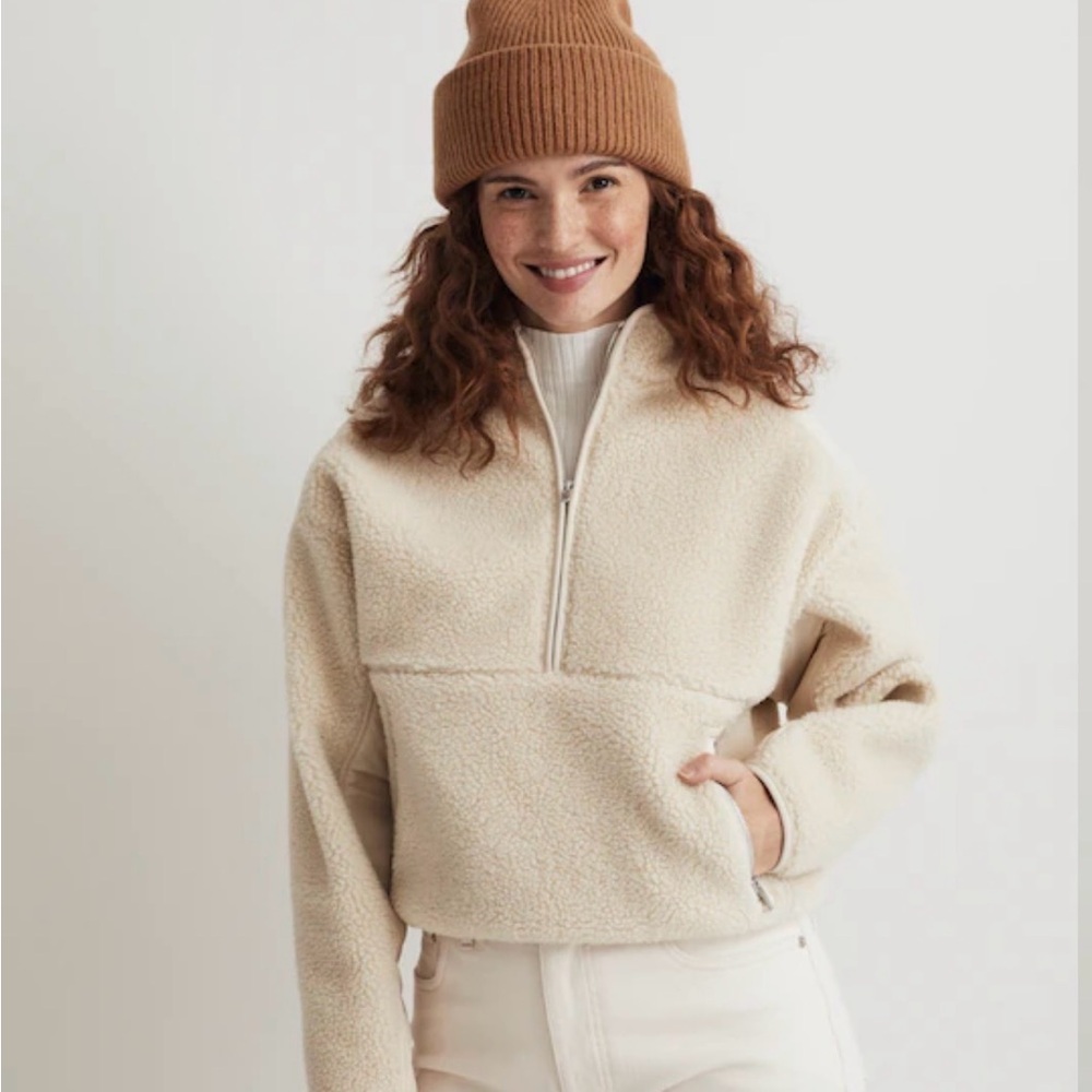 Madewell Cream Faux Shearling Half-Zip Pullover